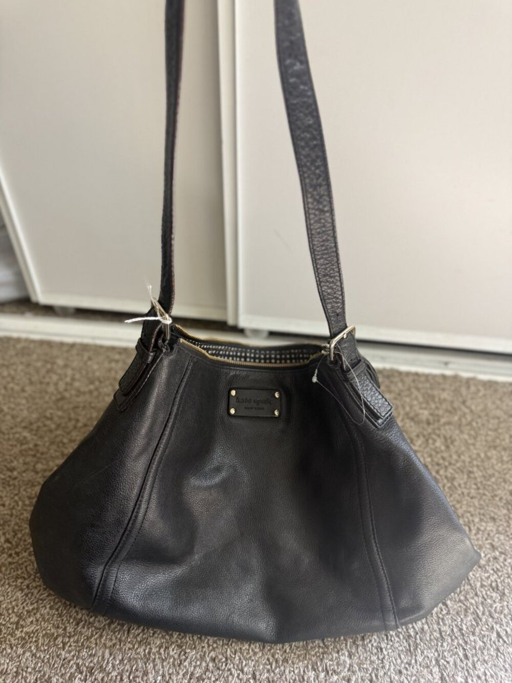 Kate Spade New York Black Pebbled Leather Hobo Shoulder Bag Polka Dot Lining